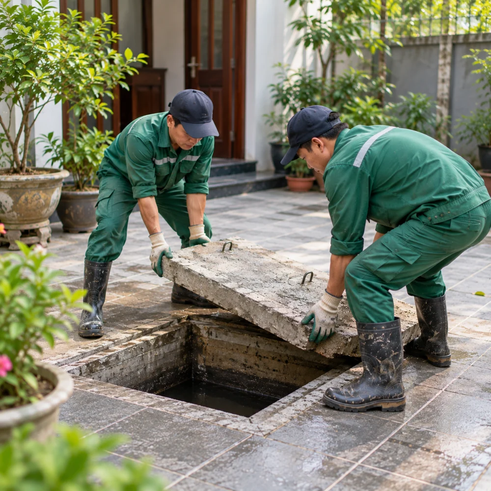Mở nắp bể phốt kiểm tra Sạch Xanh